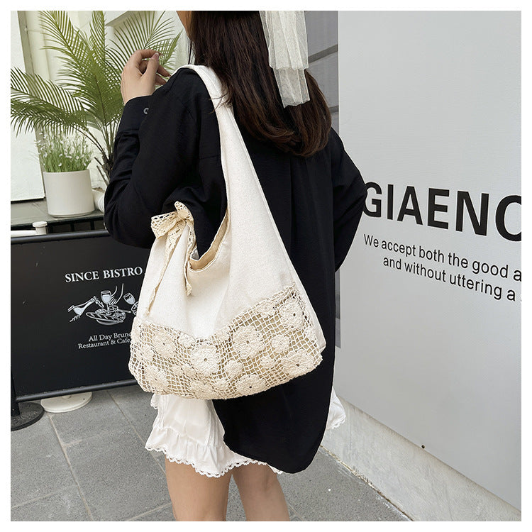 Design Summer Vacation Style Large Capacity Beach Bag Niche Lace Canvas Underarm Bag Women's Floral Single Shoulder Tote Bag