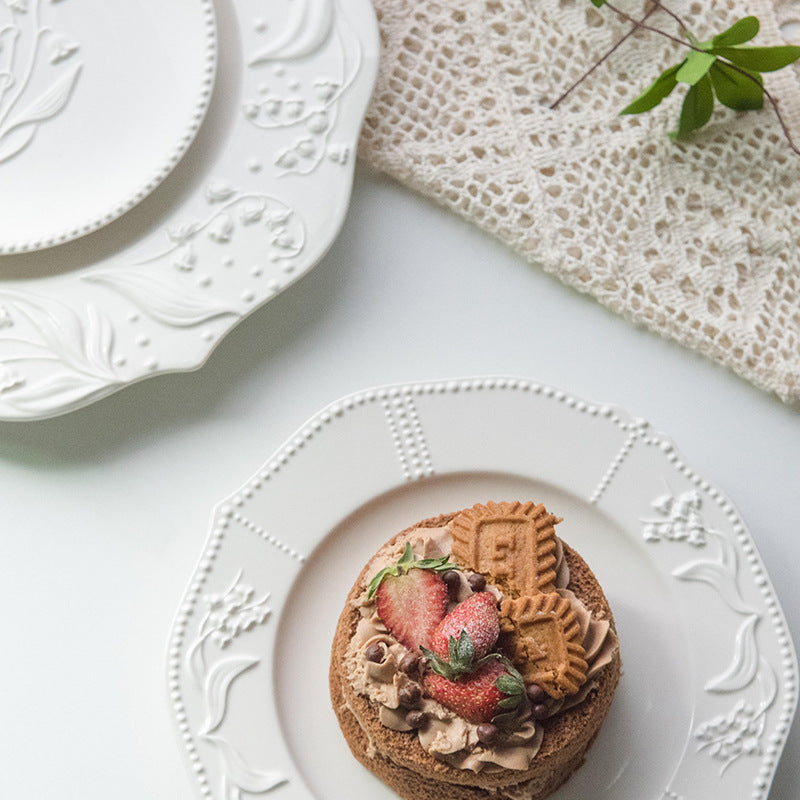 American Relief Lily of the Valley Series Lace Ceramic Western Pasta Plate Pastry Dessert Plate Deep Plate Household Dish Plate