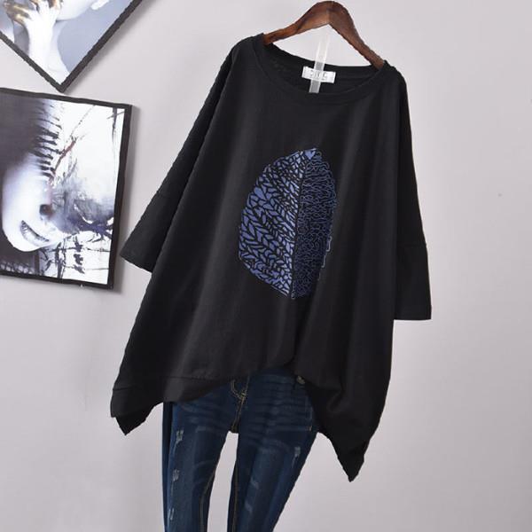 200Plus Size Women's Summer Leaf Print Casual Split Mid-Length Short Sleeve Dress T Women's Loose Fit Plus Size Shirt