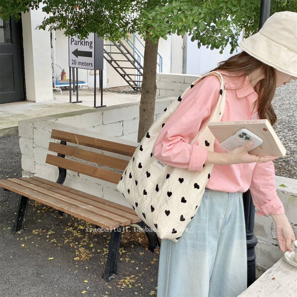 Little White Rabbit Desk New Textured Heart Canvas Single Shoulder Vest Bag Large Capacity Handbag for Women Underarm Small Win Shuo