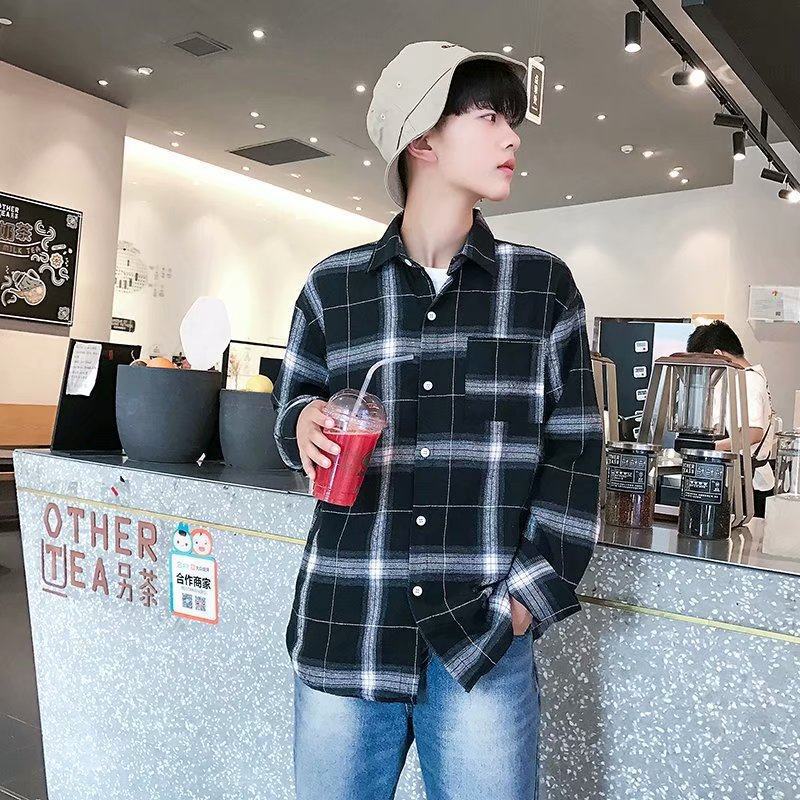 2025Plaid Long Sleeve Shirt Men Korean Version Slim Fit Youth Trendy Handsome Shirt Couple Casual Thin Shirt
