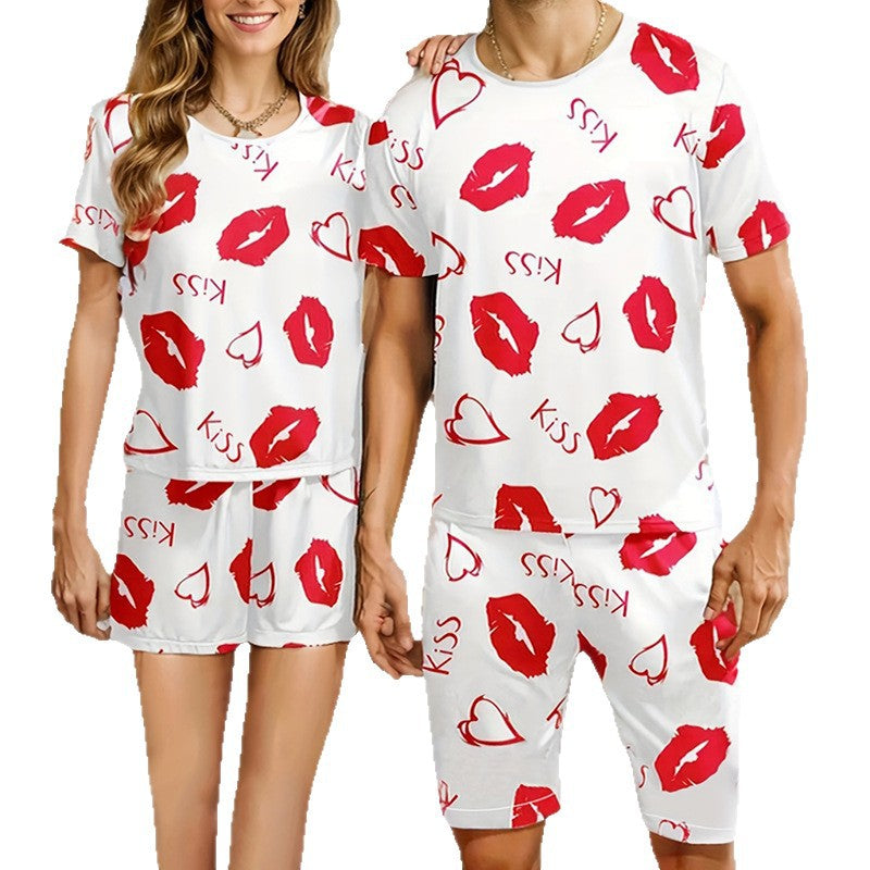 Cross-Border Delivery2025New Summer Men's and Women's Shorts Casual Kiss Print Couple Set Loungewear