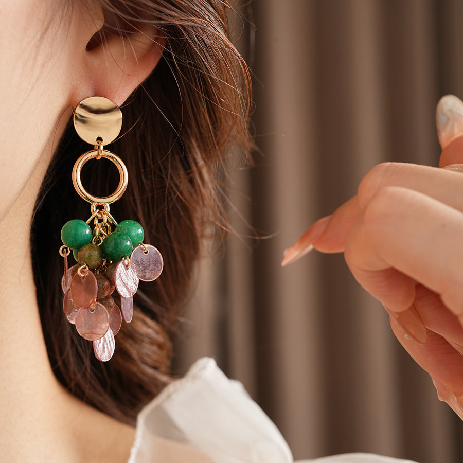 Medieval vintage Jewelry Set Natural Stone Shell Tassel Pendant Earrings Light Luxury High-end Vintage Necklace