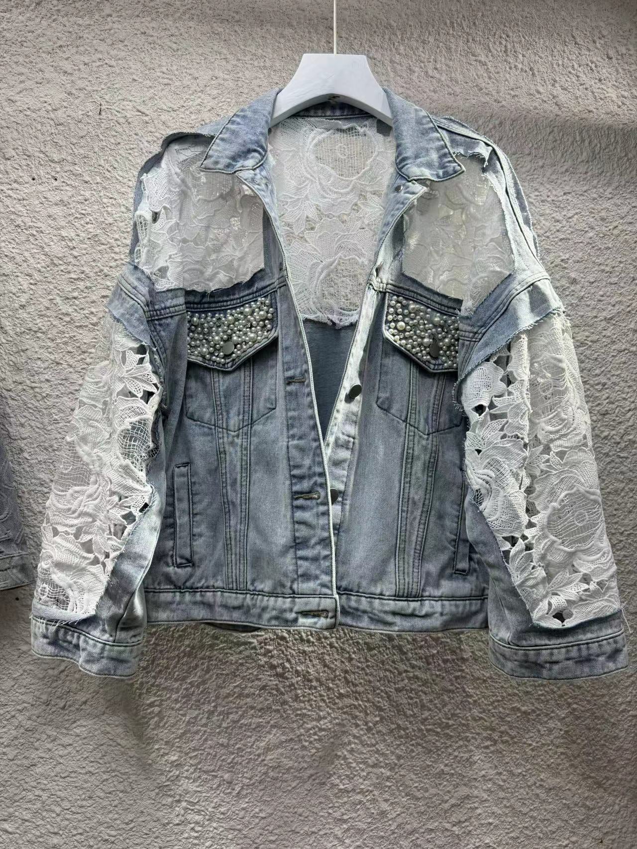 2024Spring and Autumn New Loose Versatile Sunscreen Mesh See-through Lace Embroidered Short Denim Jacket for Women Trendy Top