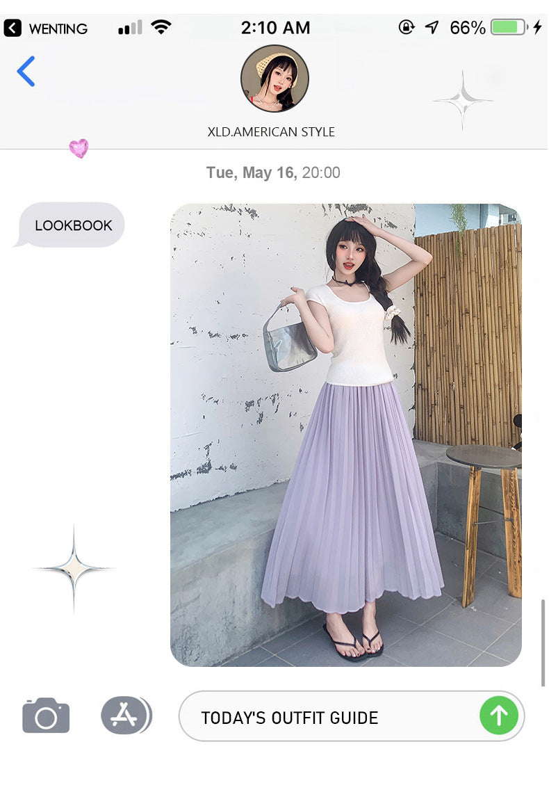 Thirteen Lines·Yunheyu Gentle Light Purple Pleated Long Skirt for Women Versatile Casual Vacation Style Draped Half Skirt