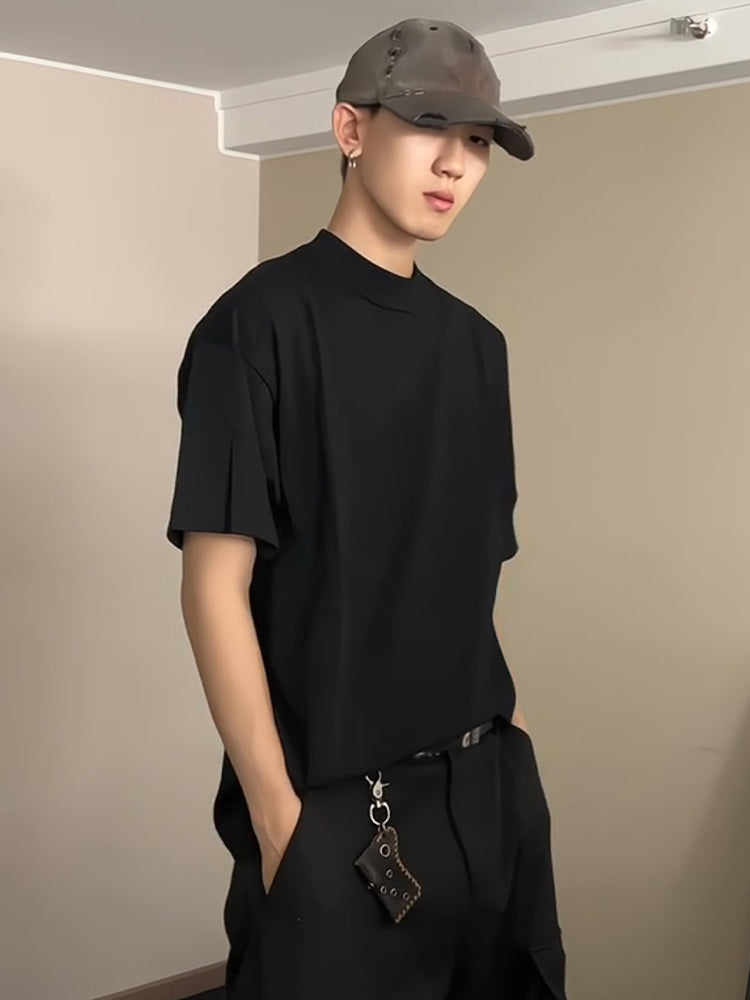 cleanfit Black Cotton Short Sleeve t Men's Summer American Style High-End Small Collar Regular Shoulder Inner Wear Half Sleeve Shirt