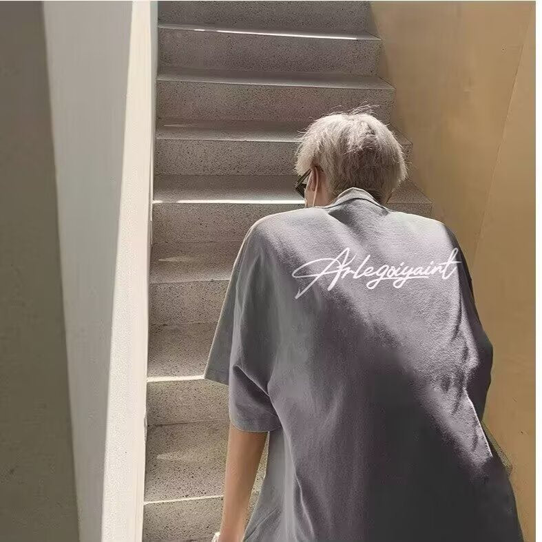 Heavyweight American High Street Letter Print Summer t T-shirt2025Trendy Versatile Men's Casual Cotton Loose Short Sleeve Shirt