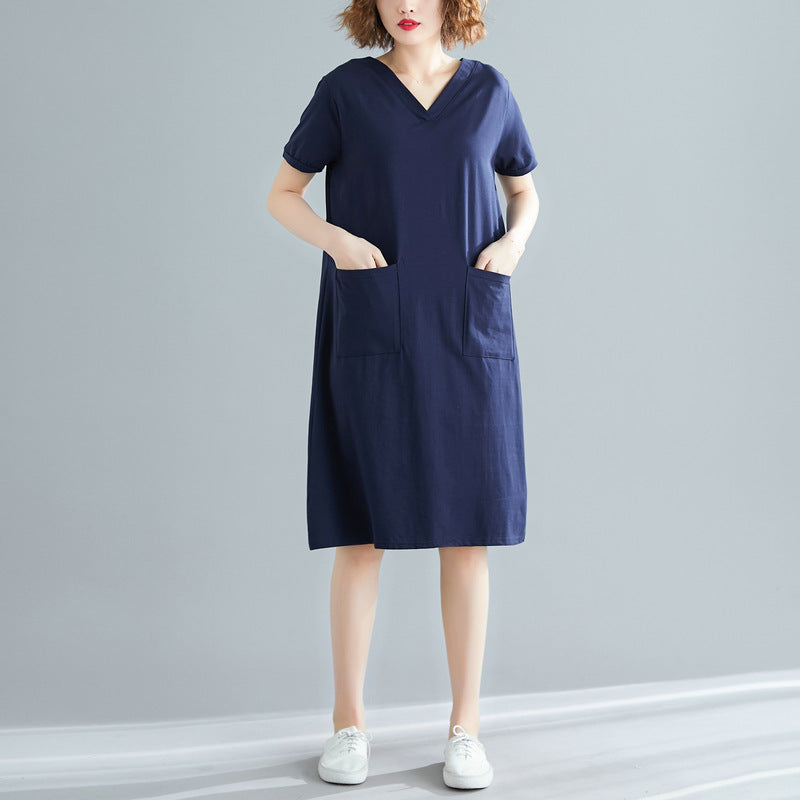 Plus Size Women's Summer Loose Korean Style Mid-Length Dress T Shirt and Skirt for Plus Size mm Solid Color V Collared Slimming Short Sleeve Dress