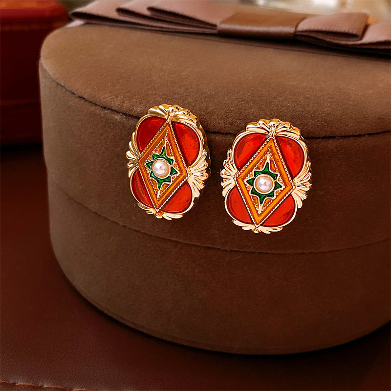 Silver Needle Ancora Red Oil Drop Geometric Earrings Niche Versatile Retro Elegant Studs High-end Fashion Earrings for Women