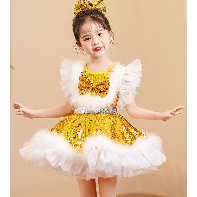 Children's Performance Costume Puffy Skirt for Girls New Sequin Tulle Skirt Kindergarten Dance Princess Dress Performance Costume for Girls