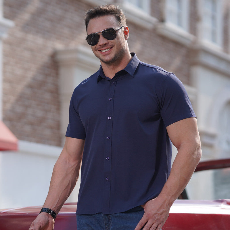 Plus Size Men's Clothing Fat Guy Summer Thin Short Sleeve Shirt Fat Brother Business Casual Loose Slightly Elastic Solid Color Professional Shirt
