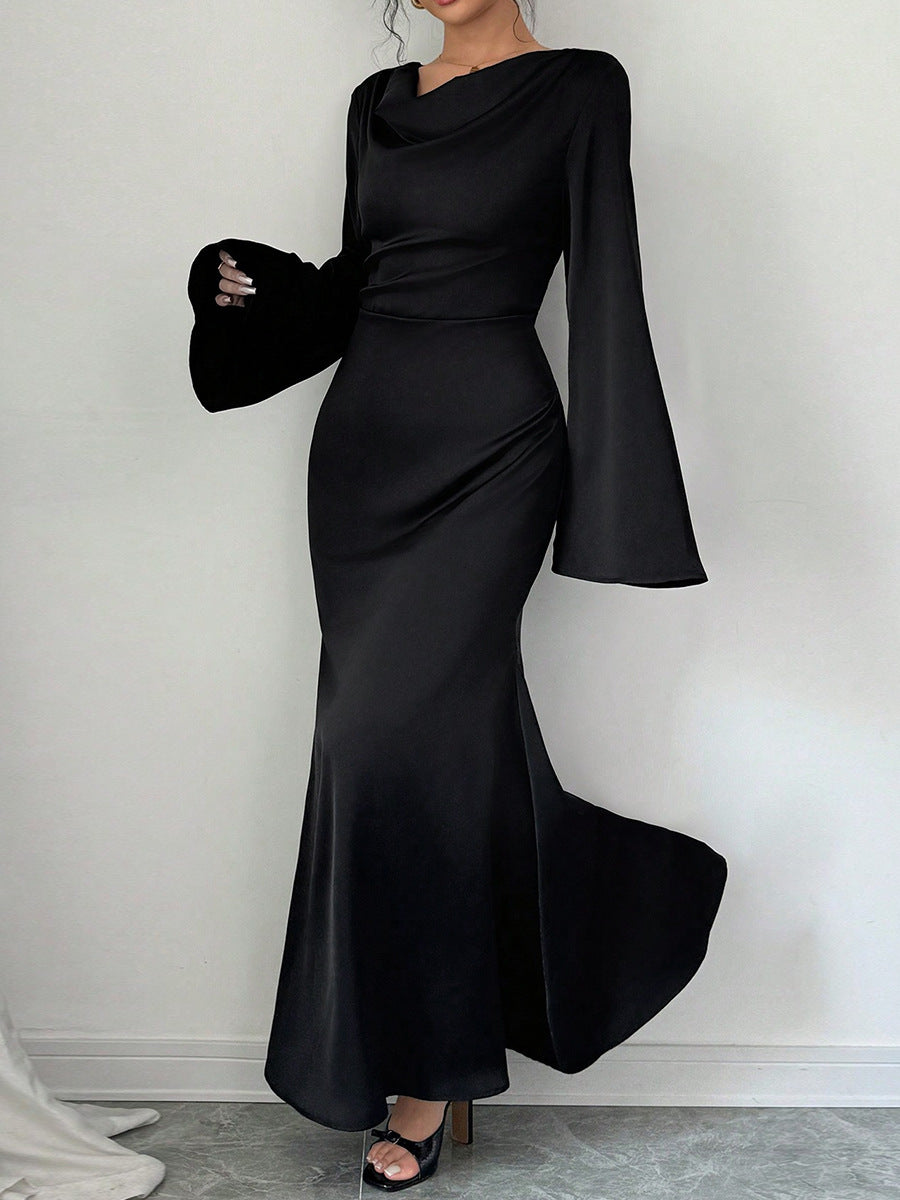 Pear-shaped Body Wear Women's Long-sleeved Loose Belted Waist Black Long Dress High-end Sense of Temperament Style Dress for Women