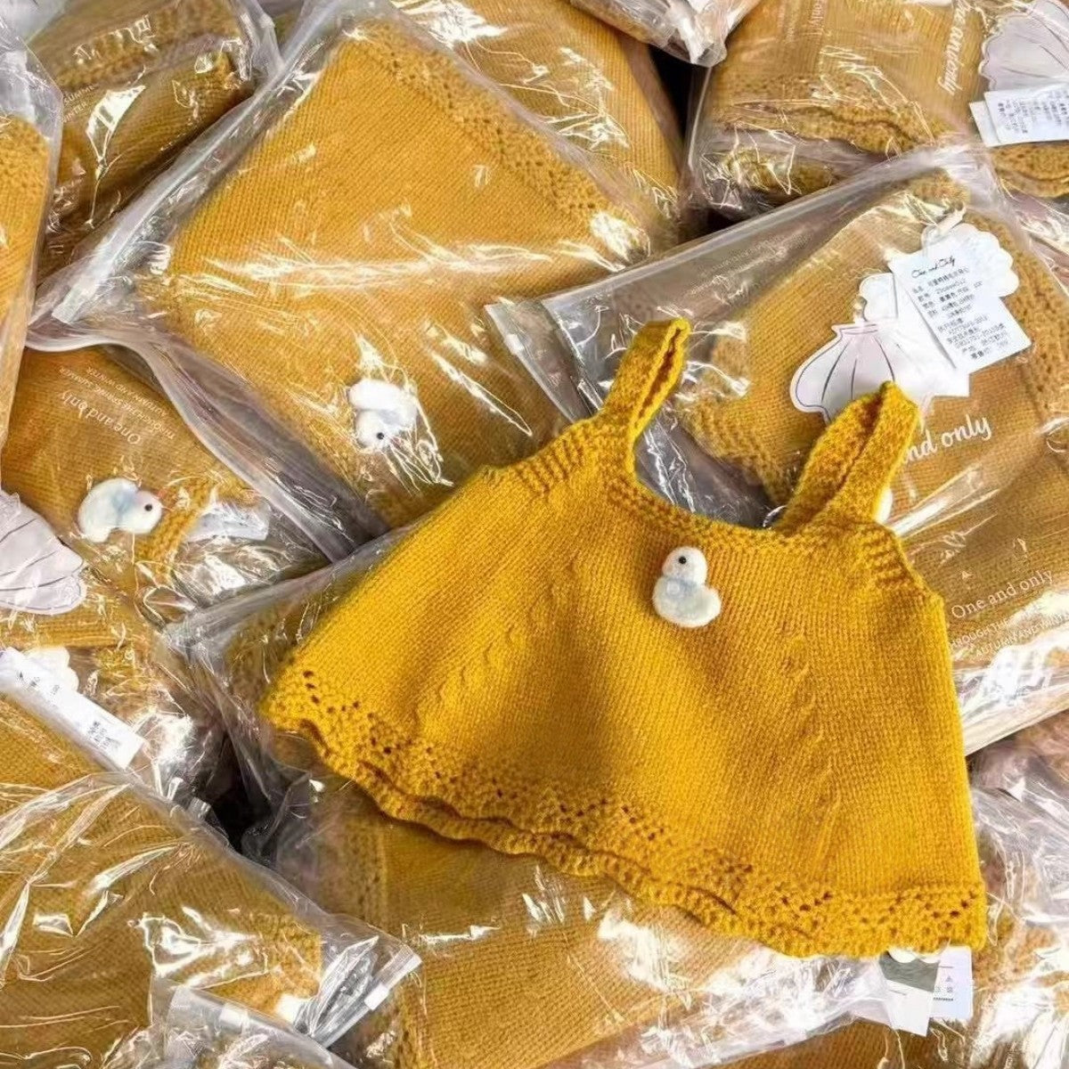 Sweet Little Girl Autumn Set Little Yellow Duck Knitted Vest+Floral Collar Shirt+Denim Wide-Leg Pants Three-Piece Set