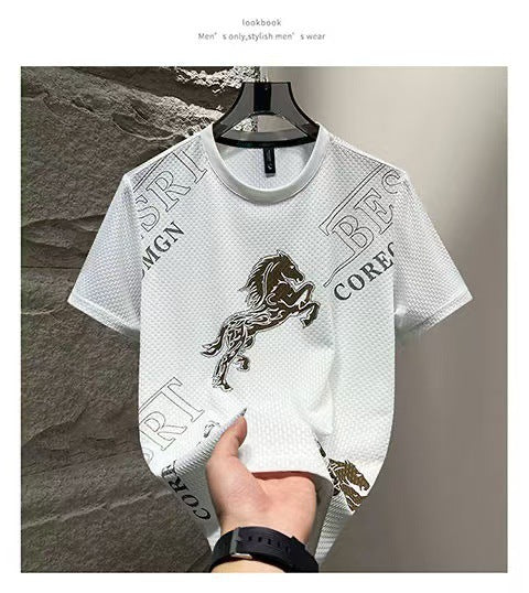 Foreign Trade Ice Silk Short Sleeve t Men's Summer Trendy Brand Short Sleeve T-Shirt2025New casual quick-dry men's top