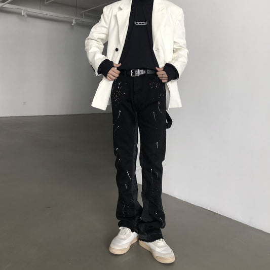 2023New Graffiti Ink Splash Damage Dept Casual Retro Niche vibo High Street Men's and Women's Flared Jeans