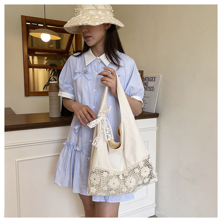 Design Summer Vacation Style Large Capacity Beach Bag Niche Lace Canvas Underarm Bag Women's Floral Single Shoulder Tote Bag