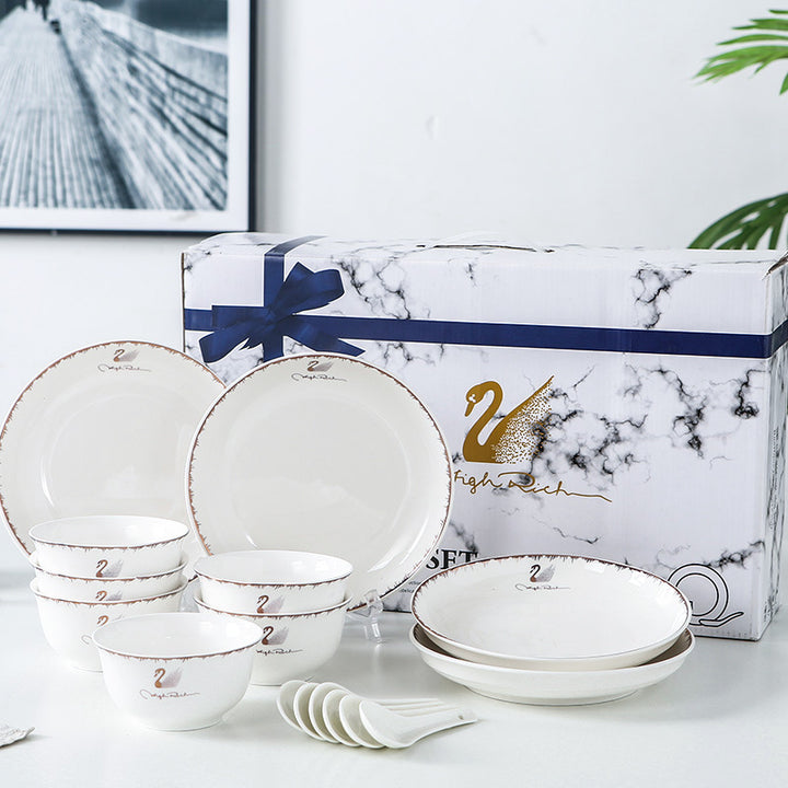 金天鹅欧式金边陶瓷餐具套装结婚回礼碗盘碟套装套碗礼盒加印logo