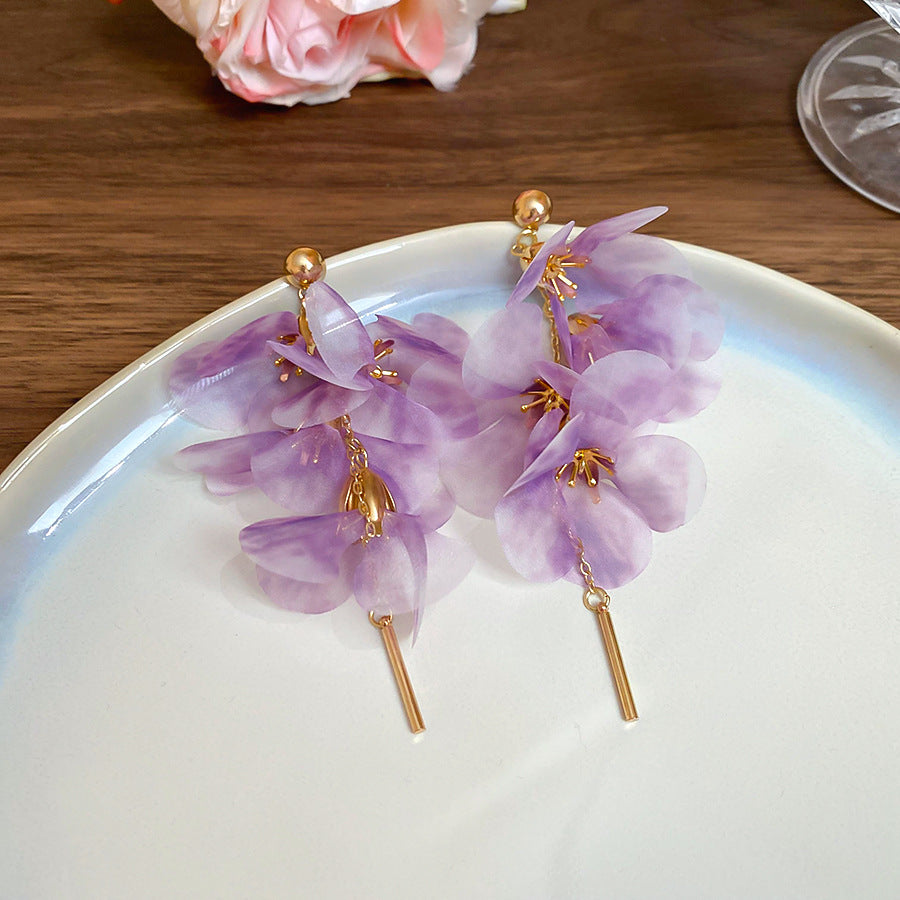 Resort Style Silver Needle Fabric Flower Tassel Earrings High-End Fashion Earrings Bohemian Sweet Exaggerated Ear Jewelry