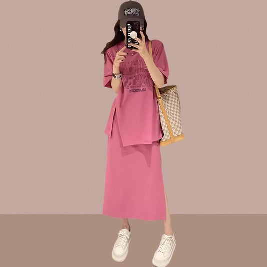 Plus Size Women's Summer Fashion Set European Style Belly Covering Slimming Skirt Two-Piece Set for Chubby Women mm300Jin