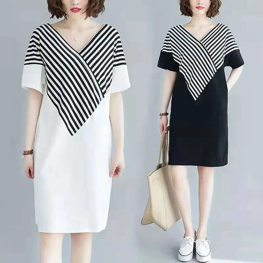 Korean Style Mid-Length Short-Sleeve Striped Patchwork Skirt, Belly-Covering, Slimming, Plus Size, Loose-Fit, Casual V Women's Trendy Collared Dress