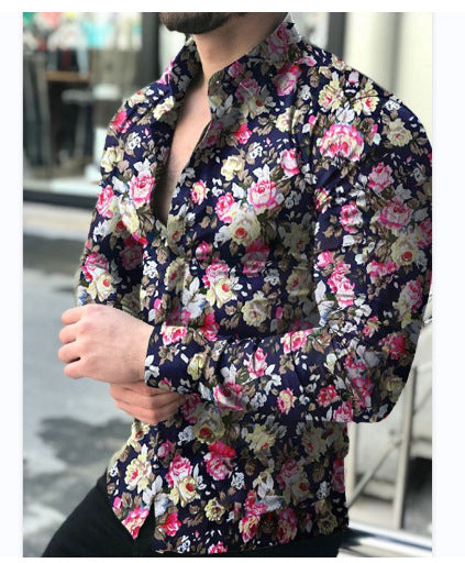 Spring and Autumn Long Sleeve Shirt Cross-Border European and American Printed Shirt Amazon Men's Casual Floral Shirt Slim Fit Shirt for Men