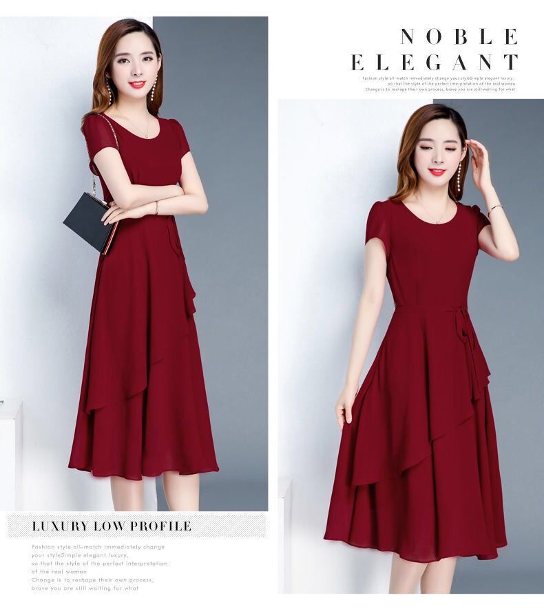 Summer New Fashionable Slimming Age-Reducing Skirt Elegant Mid-Length Style a Round Neck Plus Size Loose Women's Dress