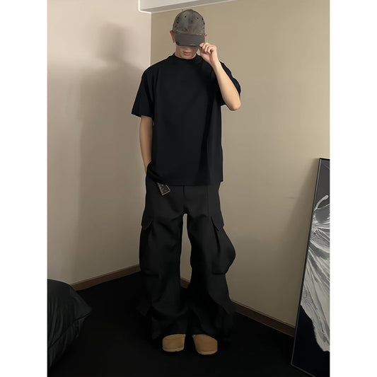 cleanfit Black Cotton Short Sleeve t Men's Summer American Style High-End Small Collar Regular Shoulder Inner Wear Half Sleeve Shirt