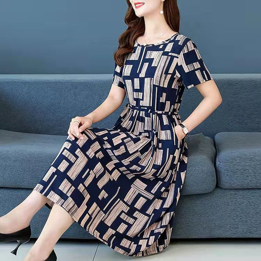 Cross-Border Summer Plus Size Short Sleeve Dress Women Printed Waist Slimming Mid-Length Elegant Dress Trendy