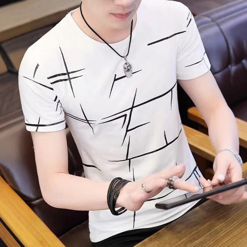 2025Cross-border Trade Summer New Style for Teenagers N Men's Short Sleeve Color Block Crew Neck Trendy Half Sleeve t Shirt Top