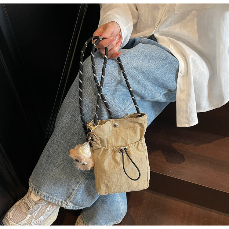 Internet celebrity ins Single Shoulder Crossbody Drawstring Small Bag2025Niche Fashion Lightweight mini Women's Nylon Phone Bag