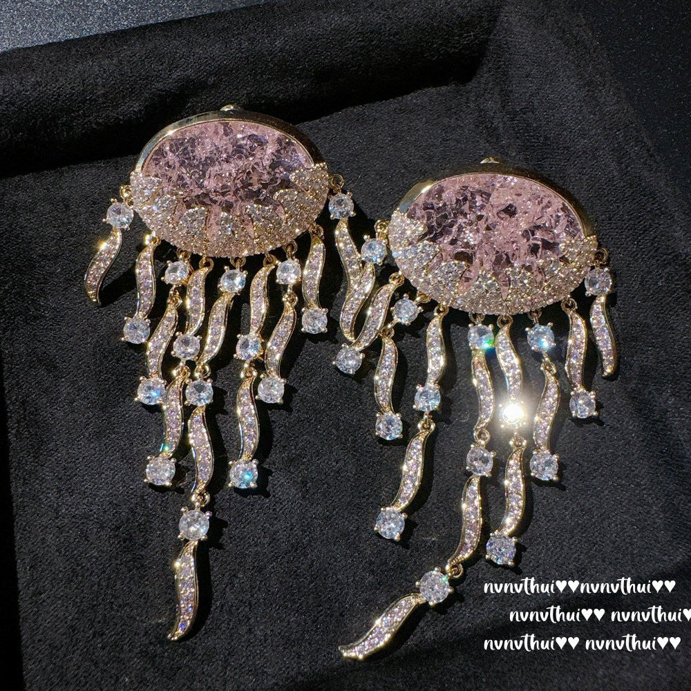 Sparkling Paphos Cloud Pattern Jellyfish Tassel Gemstone Earrings The Joy of a Rich Woman Egg-shaped Princess Pink Earrings