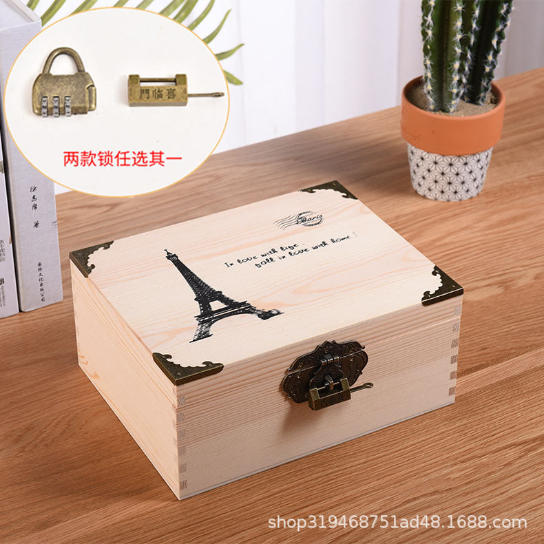 木质收纳盒 复古翻盖带锁收纳箱 桌面首饰礼品包装木盒