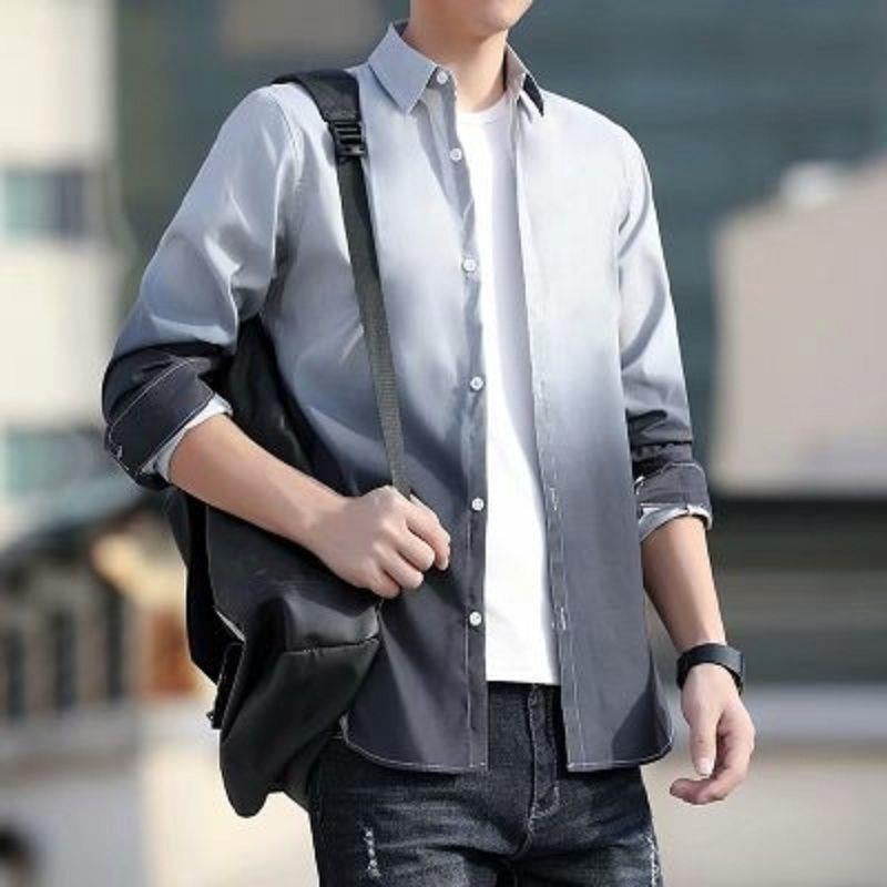 Romantic2025New Gradient Color Shirt for Men Korean Version Loose Trendy Stylish Casual Long Sleeve Shirt