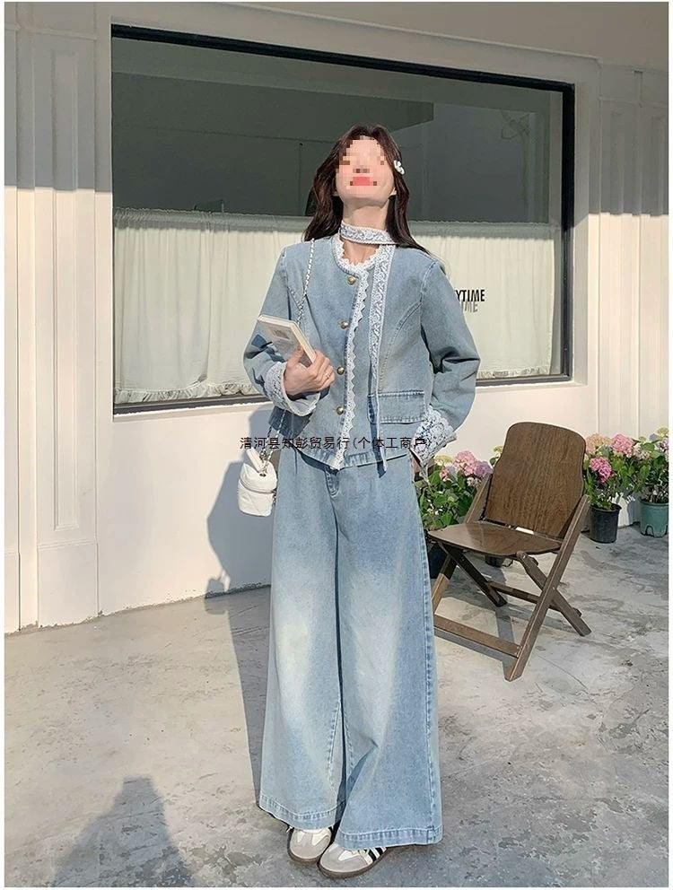 Lace patchwork denim wide-leg pants set for women spring and autumn2025The new two-piece set is absolutely stunning and super trendy