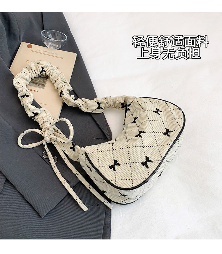 Sweet Bow Plaid Single Shoulder Underarm Crescent Bag2024Autumn new simple casual large capacity handbag