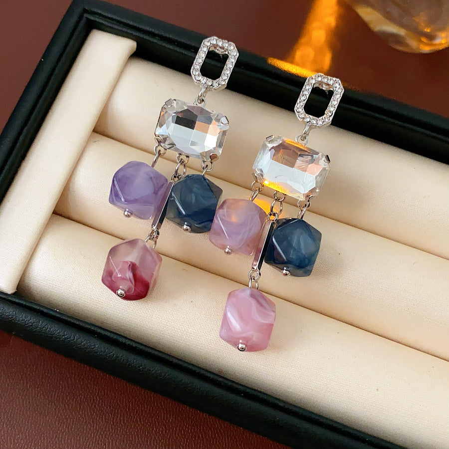 Silver Needle Inlaid Diamond Square Crystal Pendant Earrings Fashion European and American Exaggerated Earrings Light Luxury High-end Niche Earrings for Women