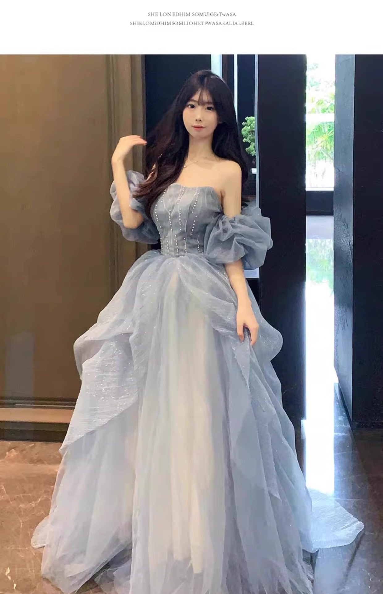 Blue Strapless Dress Puff Skirt Runaway Princess Fairy Dress Light Luxury High-end Evening Dress Host Slim Fit Elegant