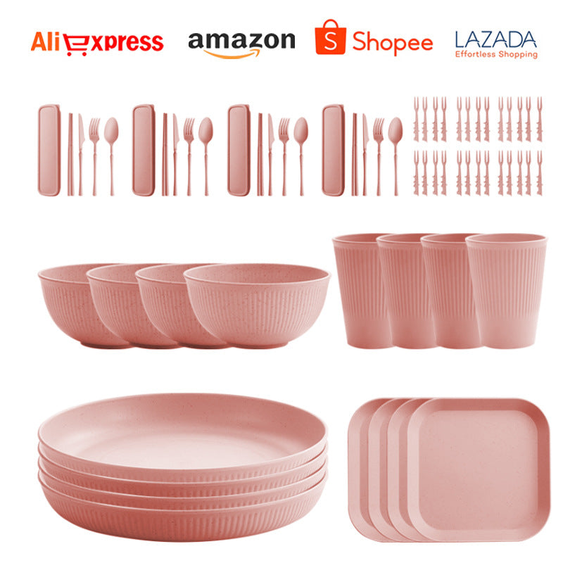 TEMU Amazon Wheat Straw Plate Bowl Cup Tableware Set Household Dining Plate Rice Bowl Water Cup Tableware Set Eco-friendly