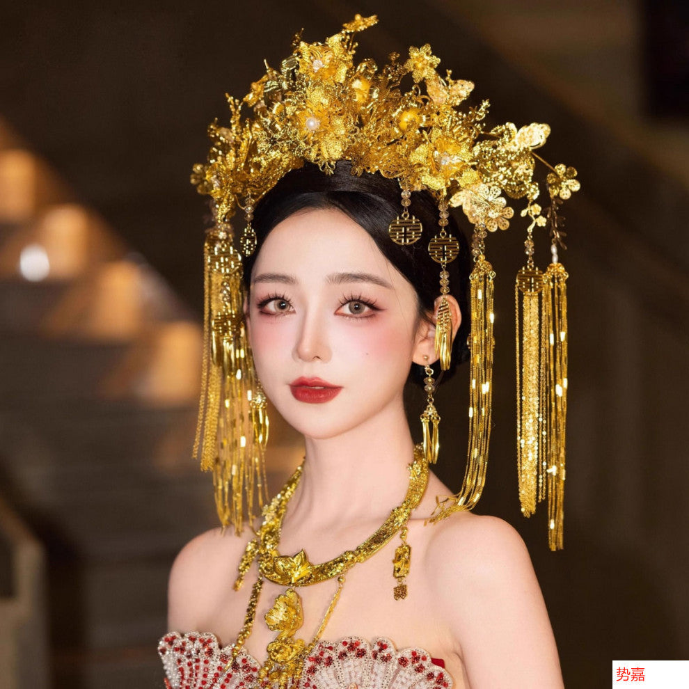 Bridal Hair Accessories Set Tiara Versatile Qing Dynasty Style Xiuhe Costume Crown Veil Hair Accessories Makeup Gold