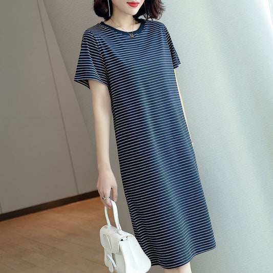 Summer Waist-Cinching Dress Plus Size Middle-Aged and Elderly Mom Outfit Mid-Length Striped Short Sleeve T Women's T-shirt Skirt Cross-Border Wholesale