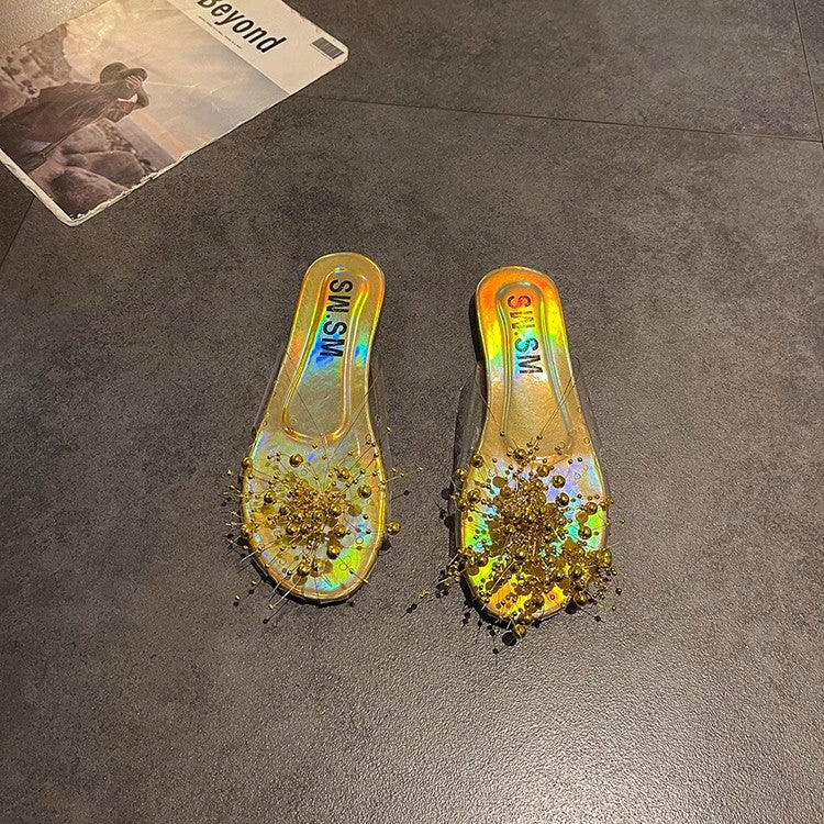 Sparkling Silver Transparent Beaded Closed-Toe Mules for Women2024Summer Internet Celebrity Super Popular Sandals Slippers