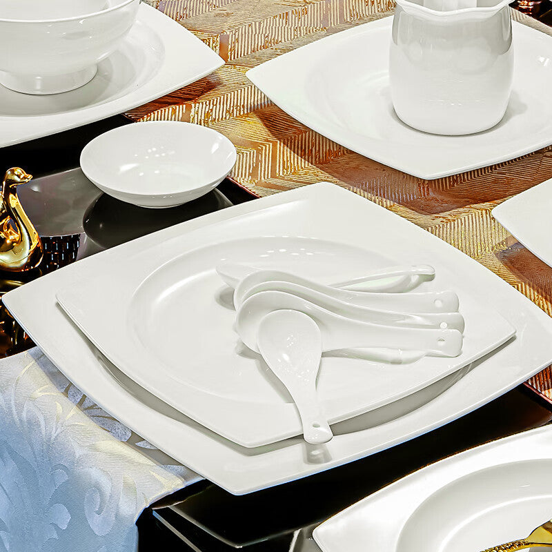 Tangshan Bone China Pure White Underglaze Color Bowl and Plate Set Household Combination Tableware Set Bowl Plate Dish Gift Box High Temperature Porcelain