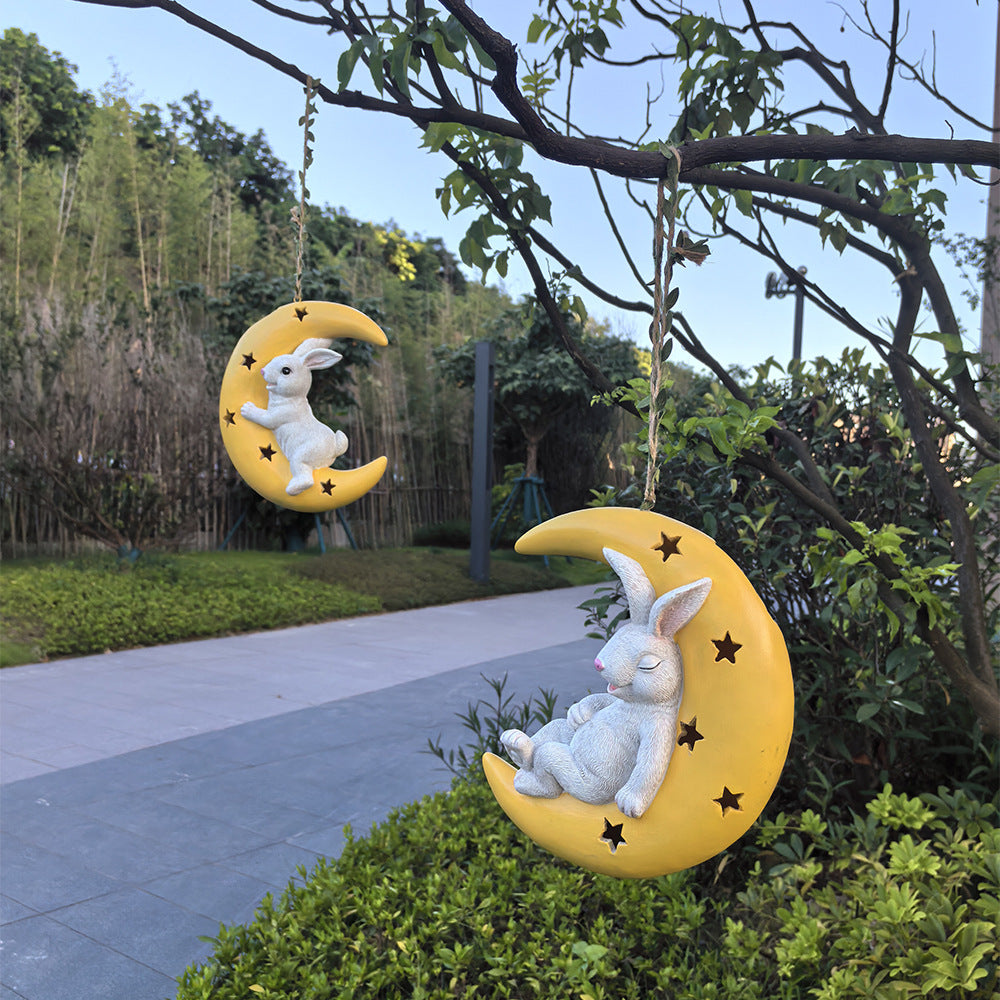 Cute Rabbit Moon Solar Pendant Outdoor Garden Courtyard Tree Hanging Balcony Pipe Kindergarten Decoration Ornament