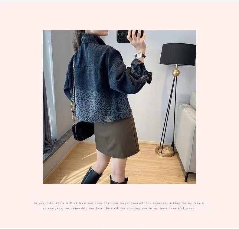 Black Vintage Leopard Print Denim Jacket for Women Fashion Short Coat Autumn Women's Clothing2022New Arrival Jacket