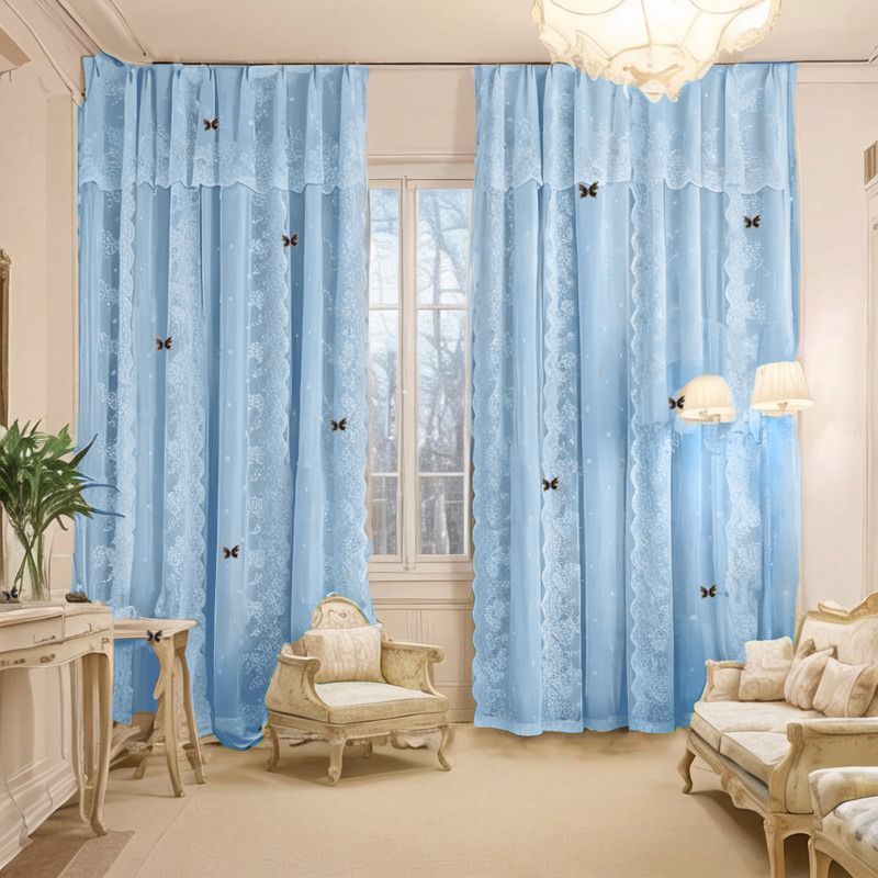 New Cream Style Curtains Cozy Bedroom Blackout Lace Double Layer Fabric Sheer Integrated Bay Window Floor-to-Ceiling Thickened High-End