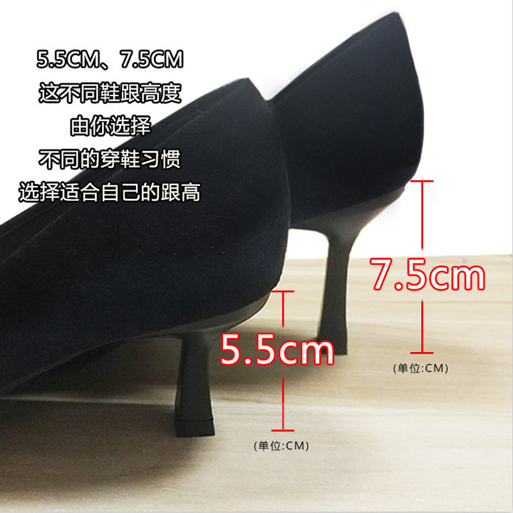 666-20新款时尚2020秋冬女士高跟鞋细跟尖头浅口绒面少女风女单鞋