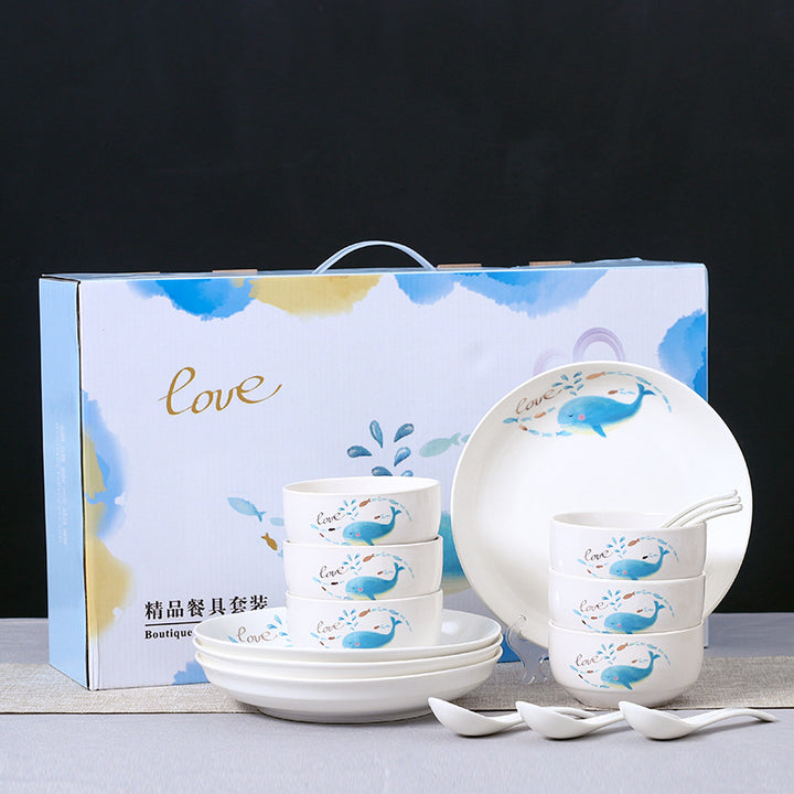 金天鹅欧式金边陶瓷餐具套装结婚回礼碗盘碟套装套碗礼盒加印logo