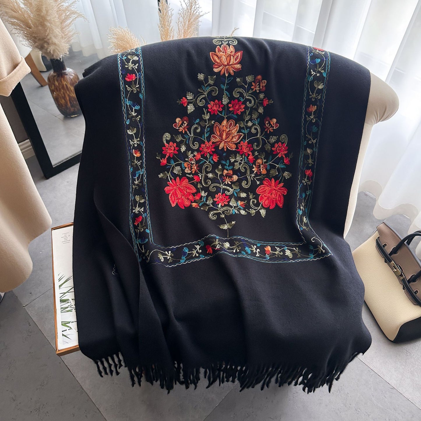 Bright Red Gold Thread Embroidered Scarf for Women Winter Versatile Wool Thickened Warm Cashmere Large Shawl for Women Dual-use Outerwear