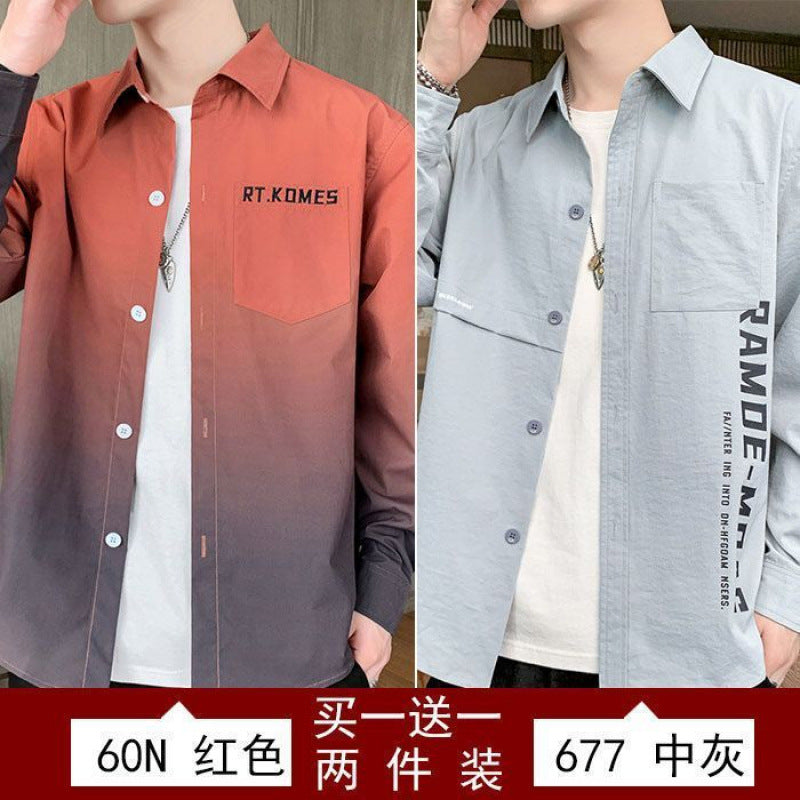 Gradient Long Sleeve Shirt for Men, Spring and Summer Loose Thin Jacket, Korean Style Trendy Casual ins Fashion Brand Sunscreen Shirt