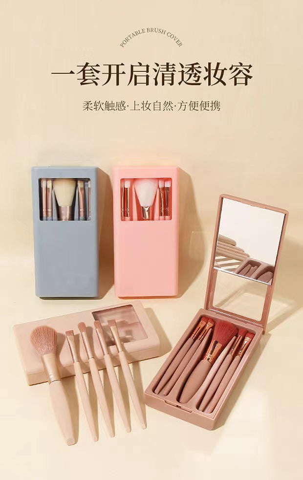New5Mirror Box Makeup Brush Set with Window Mirror Eye Shadow Soft Bristles Affordable Portable Morandi